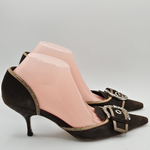 Prada Black & Gold Leather Buckle Pointed Toe High Heels size 39.5 / 9.5 - Picture 12 of 16